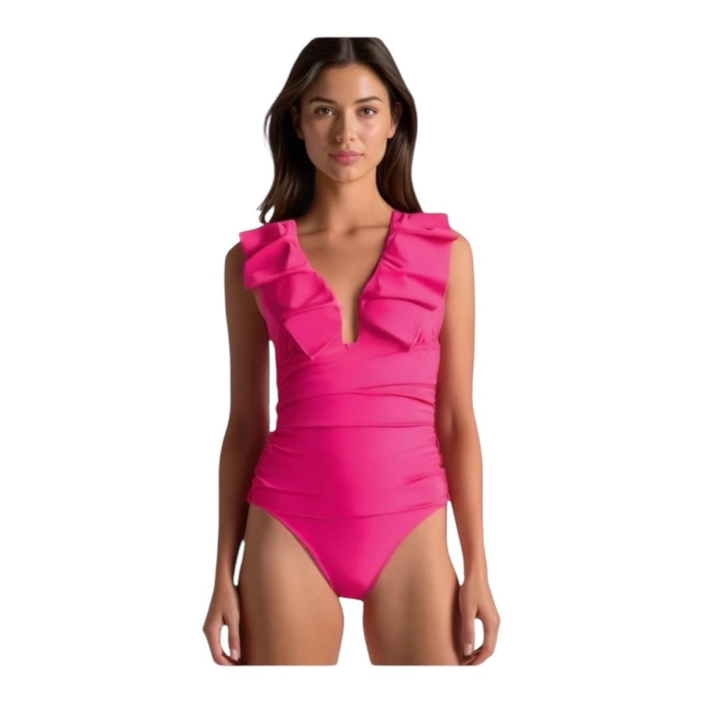 J. Crew Ruched Ruffle One Piece Swimsuit Pink NWT Size 10 Colorful Bright Girly